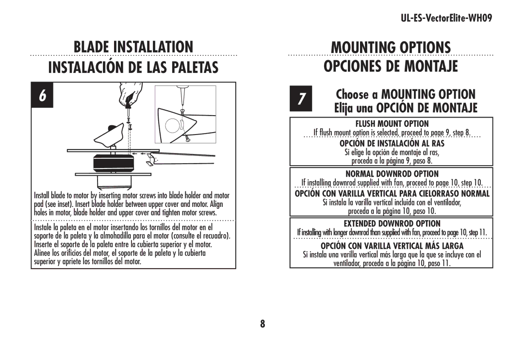 Westinghouse UL-ES-VectorElite-WH09 owner manual MOUNTING OPTIONS Opciones DE Montaje 